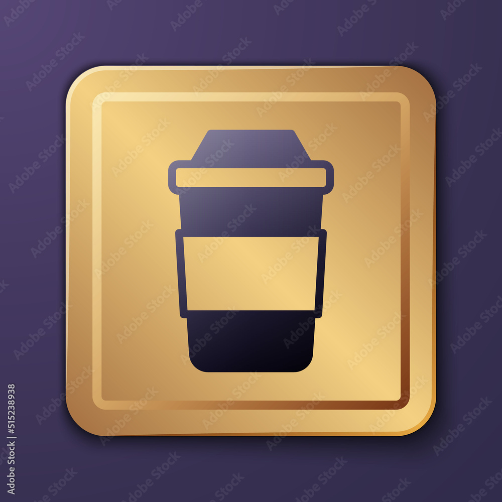 Purple Cup of tea icon isolated on purple background. Gold square button. Vector