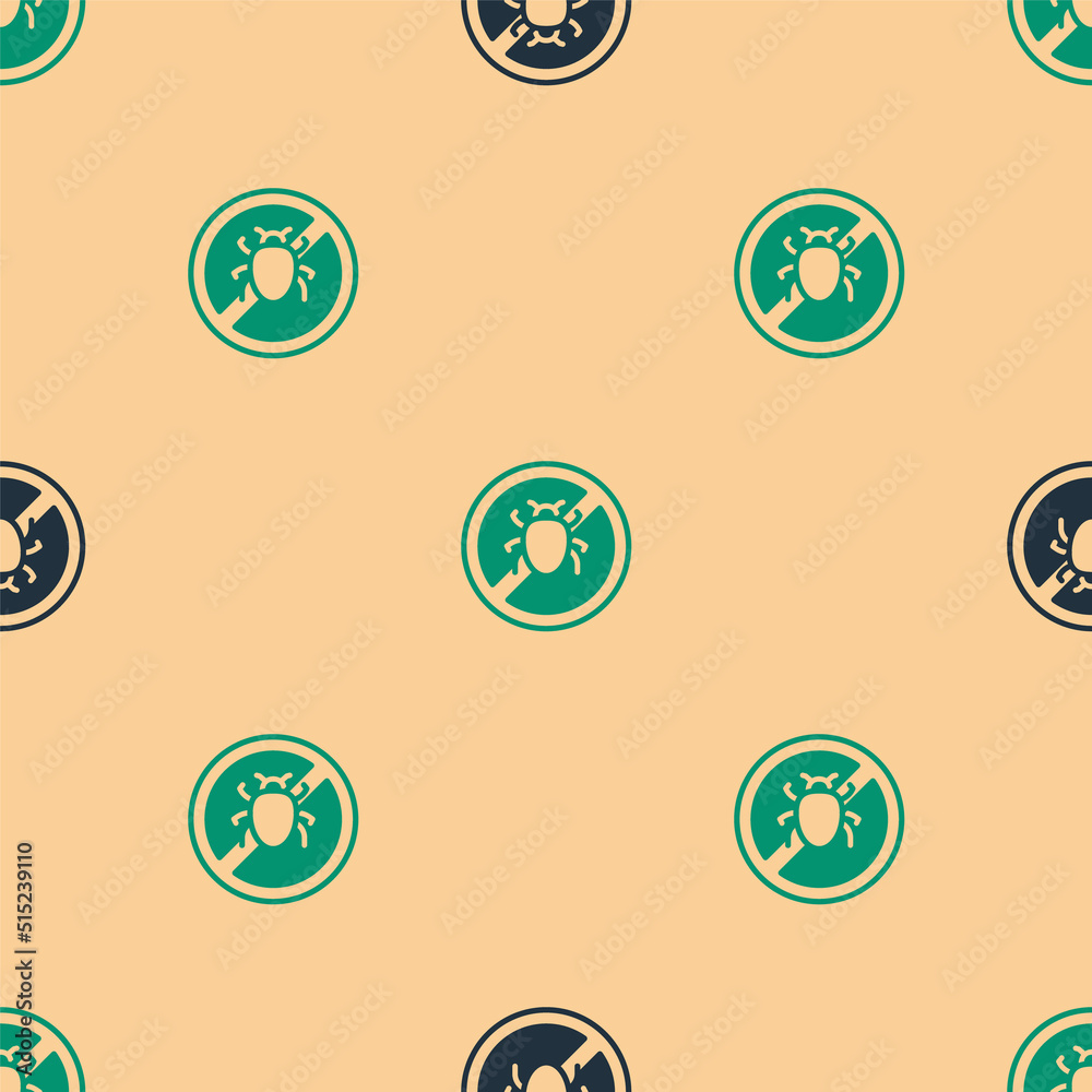 Green and black Stop colorado beetle icon isolated seamless pattern on beige background. Vector