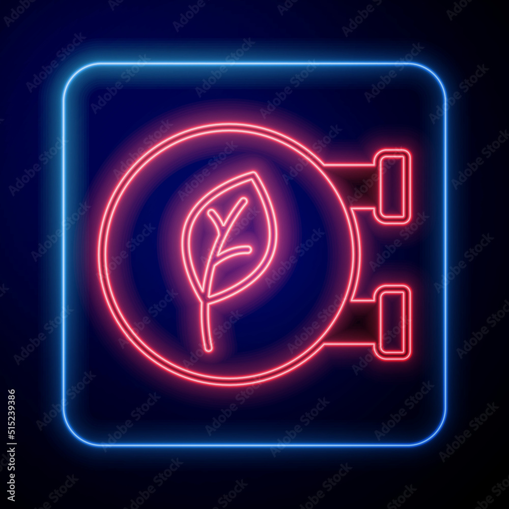 Glowing neon Eco shop icon isolated on black background. Organic shop or eco products sign. Vector