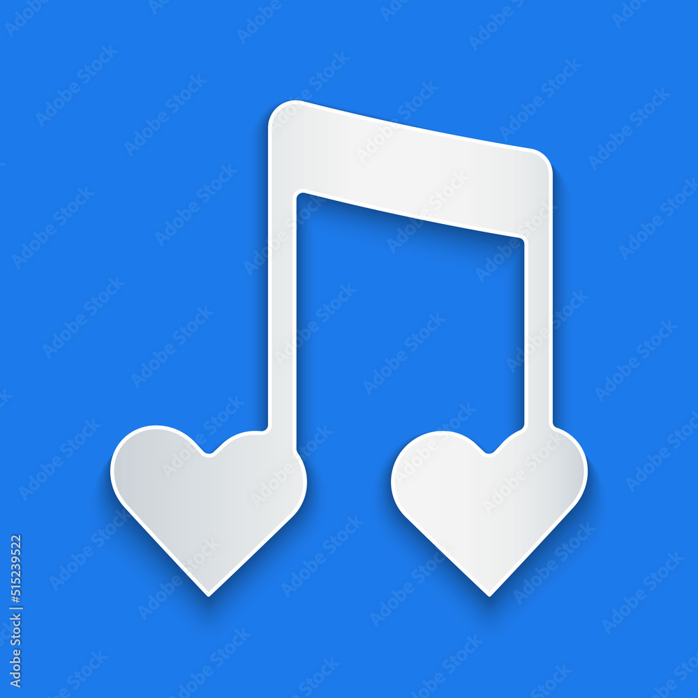 Paper cut Music note, tone with hearts icon isolated on blue background. Happy Valentines day. Paper