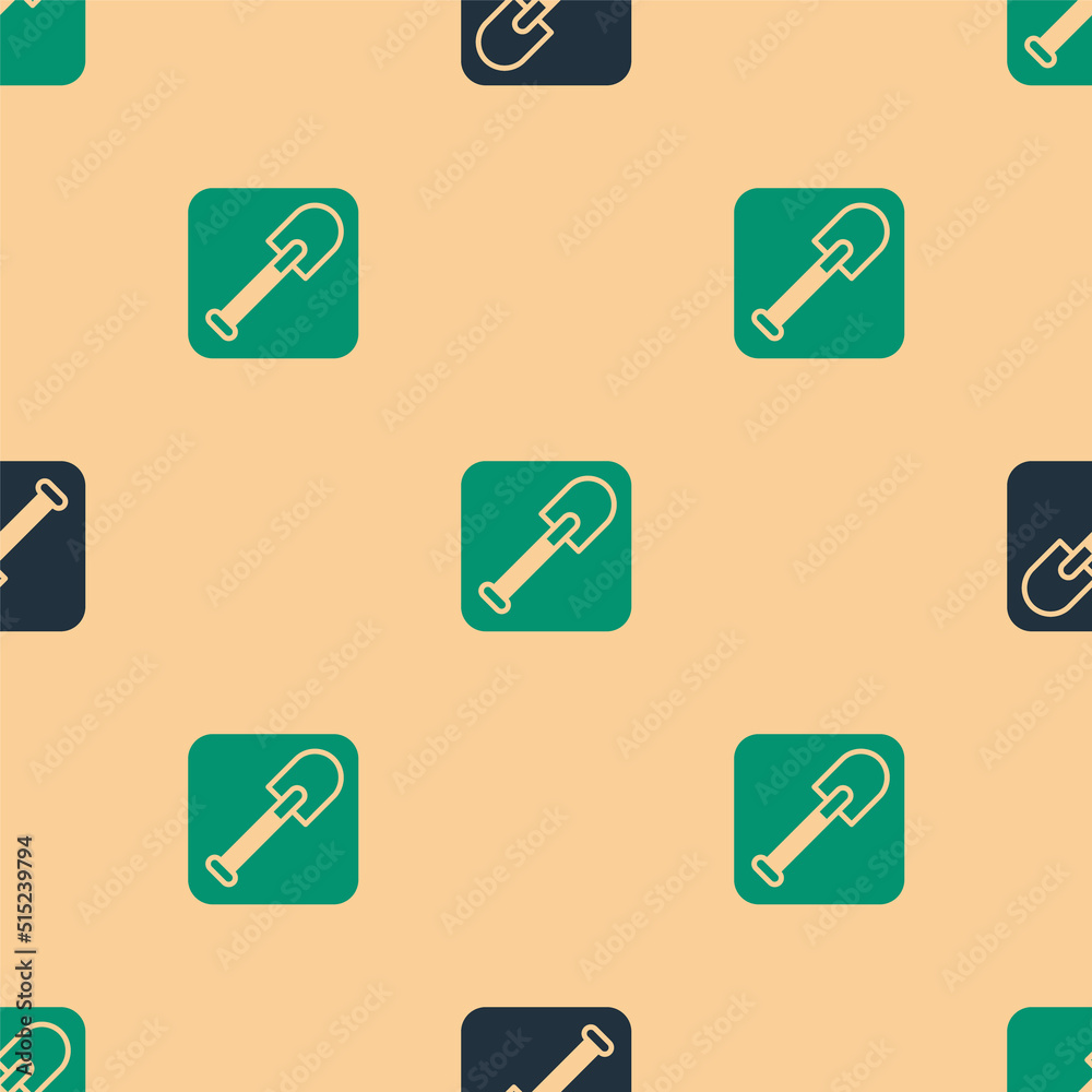 Green and black Shovel icon isolated seamless pattern on beige background. Gardening tool. Tool for 