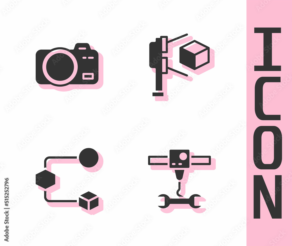 Set 3D printer wrench spanner, Photo camera, Isometric cube and scanner with icon. Vector