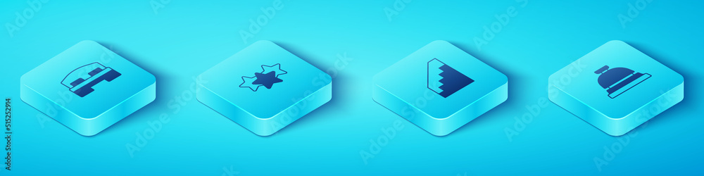 Set Isometric Hotel room bed, Stars rating, service bell and Stairs icon. Vector