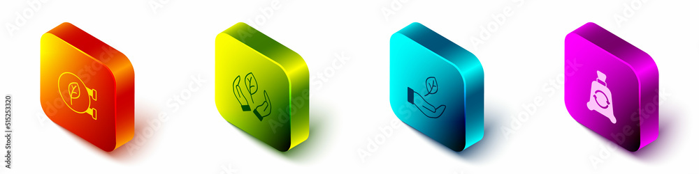 Set Isometric Eco shop, Leaf in hand, and Garbage bag with recycle icon. Vector