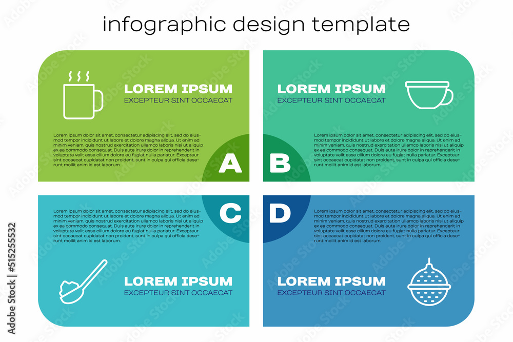 Set line Spoon with sugar, Cup of tea, Ball strainer and . Business infographic template. Vector