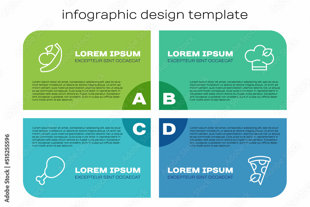 设定线鸡腿、苹果和香蕉、素食披萨片和饮食。商业信息图templa