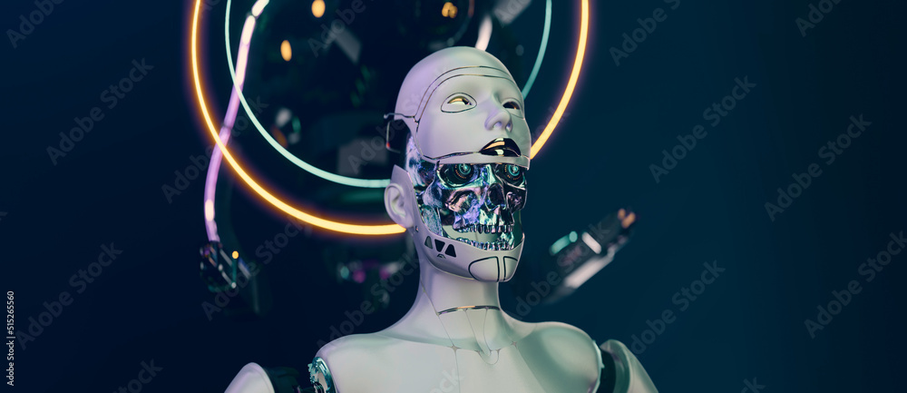 Cybernetic brain cyborg face futuristic robotic head concept art of artificial intelligence network 