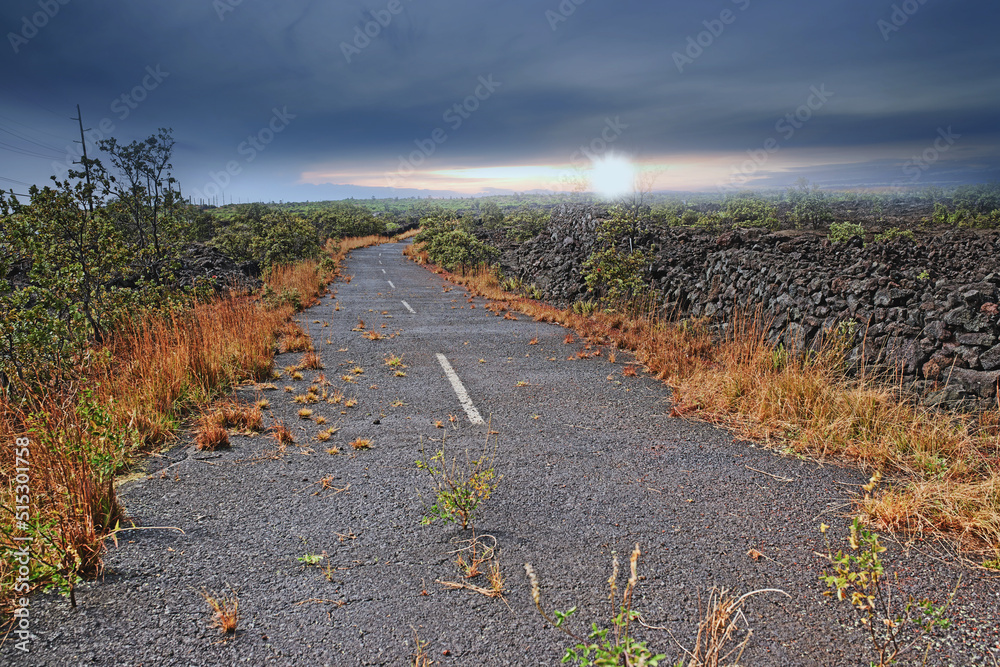 Empty road through a field with burnt grass and cloudy sky with copy space. A curved countryside roa