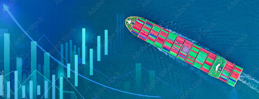 Aerial view container ship with business graph analysis, Global business import export logistic tran