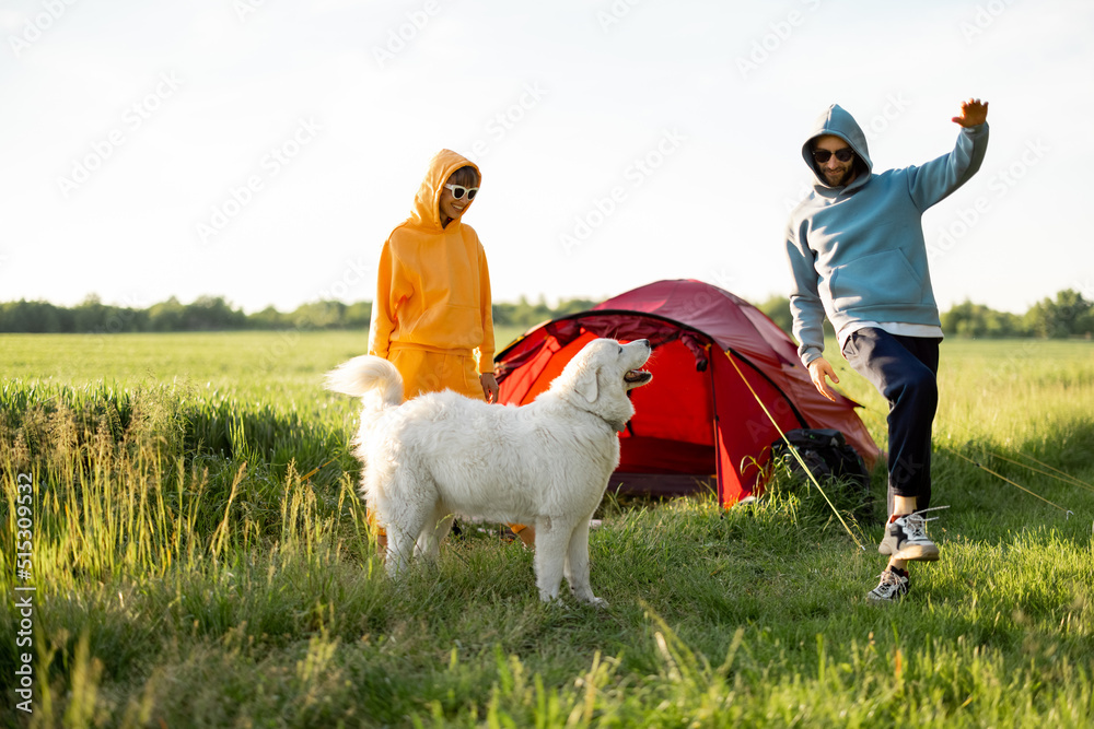 年轻夫妇和他们的狗一起玩耍，在大自然中带着帐篷愉快地度过夏天。兰