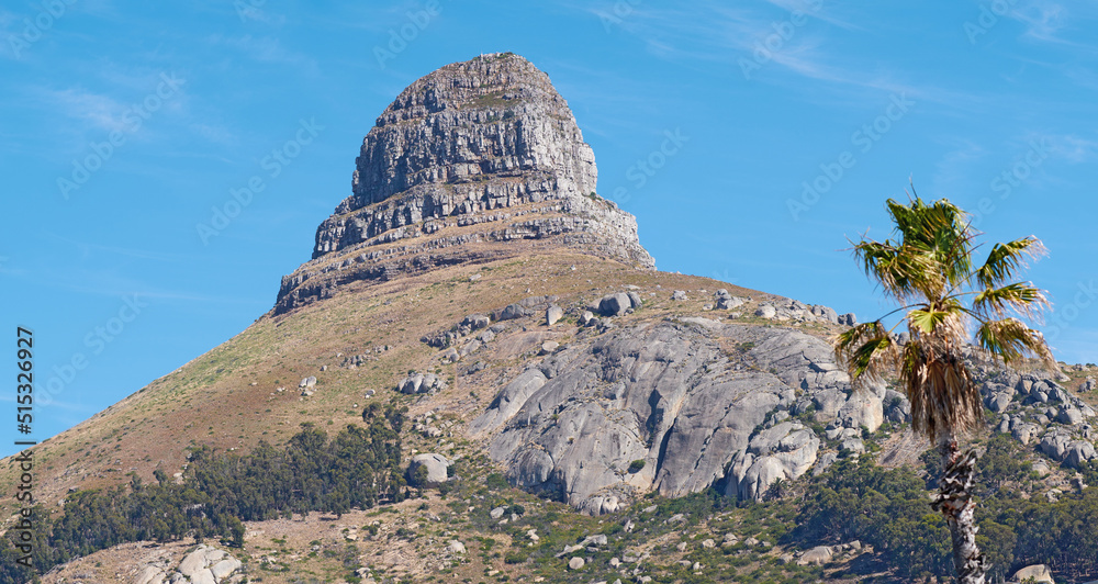 Panorama of Lions Head, Cape Town, South Africa. Landscape of a beautiful rocky mountain peak on a s