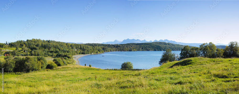 田野附近绿树成荫的湖泊景观。挪威海边的青山和蓝天。a