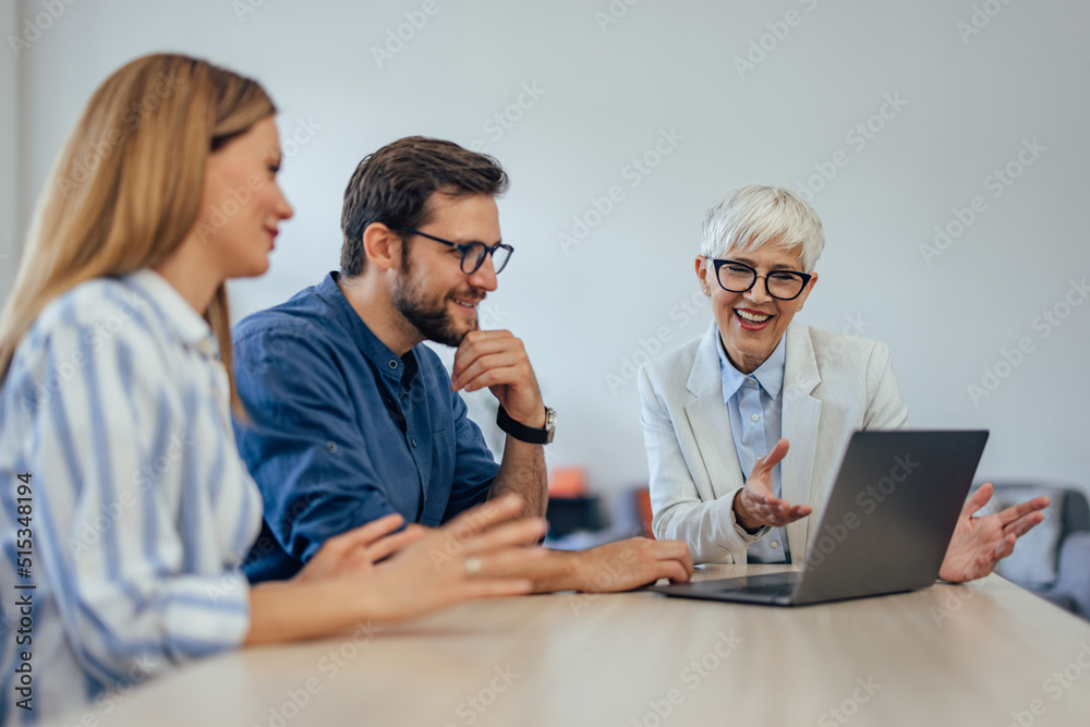 The businesswoman shows various insurance offers to the young couple.