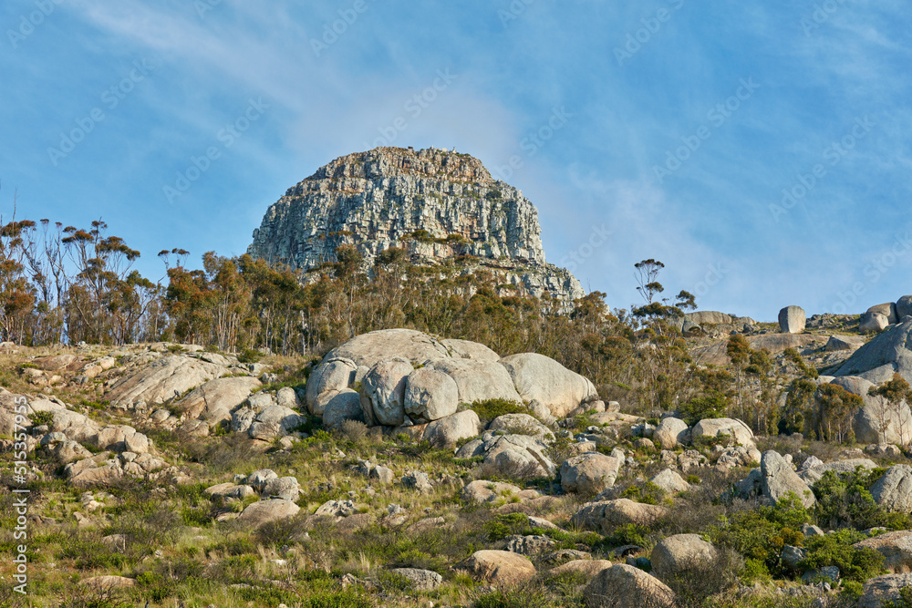 Copyspace and scenic landscape of Lions Head mountain in Cape Town, South Africa during summer holid