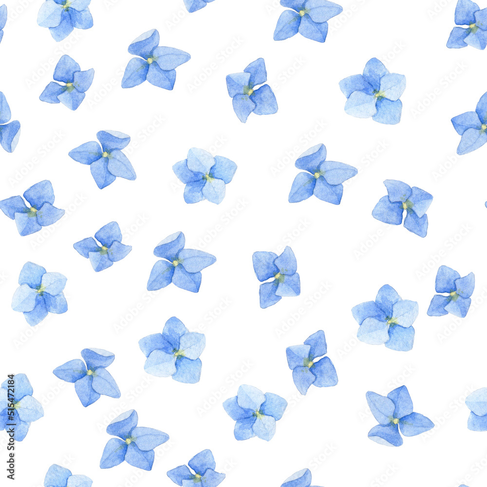 seamless watercolor pattern with blue hydrangea flowers on a white background. cute print for kids, 