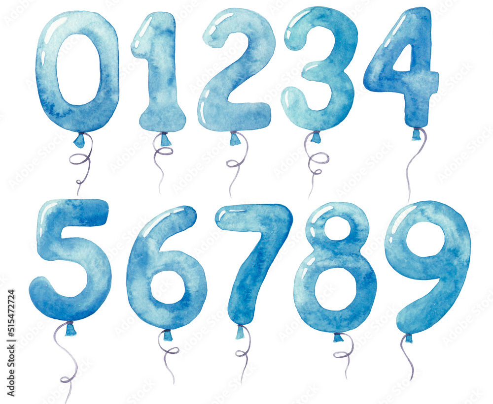 watercolor drawing. set of balloons with numbers. Collection of festive balloons in blue color for t