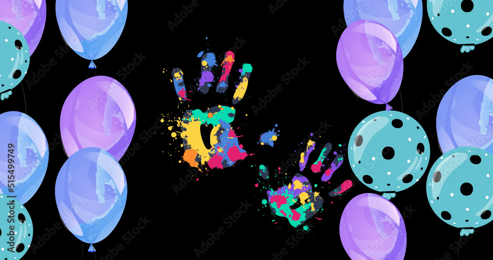 Image of handprints and balloons on black background