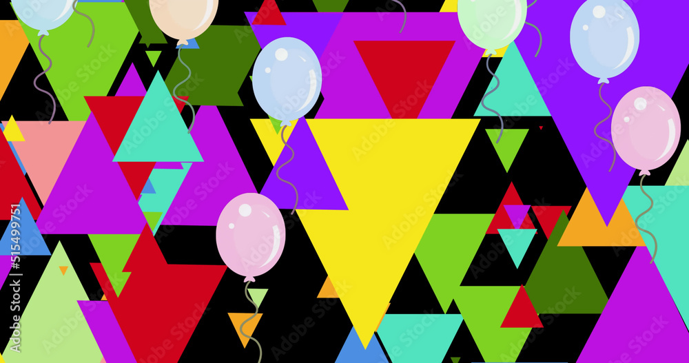 Image of triangles and balloons on black background