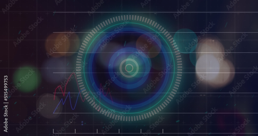 Image of blurred traffic lights over processing circle and dark space