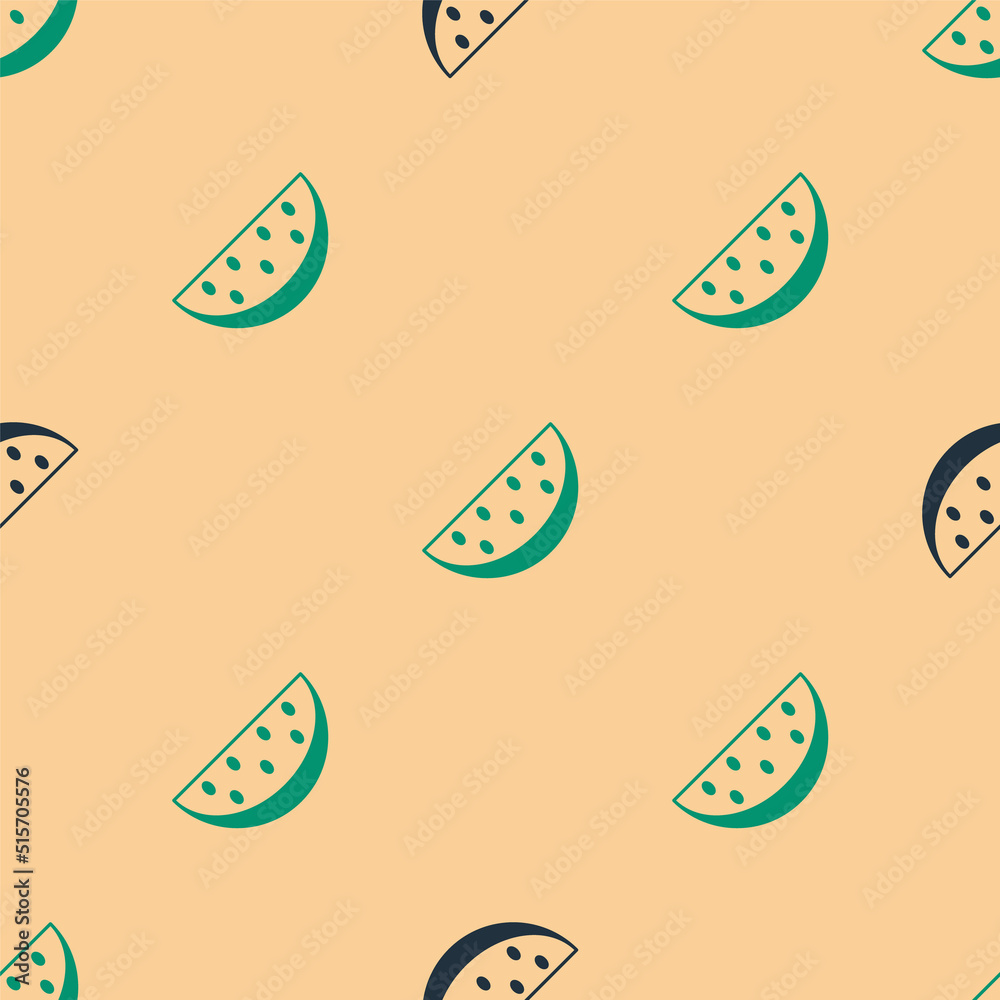 Green and black Watermelon icon isolated seamless pattern on beige background. Vector