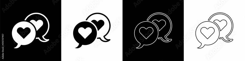 Set Heart in speech bubble icon isolated on black and white background. Happy Valentines day. Vector