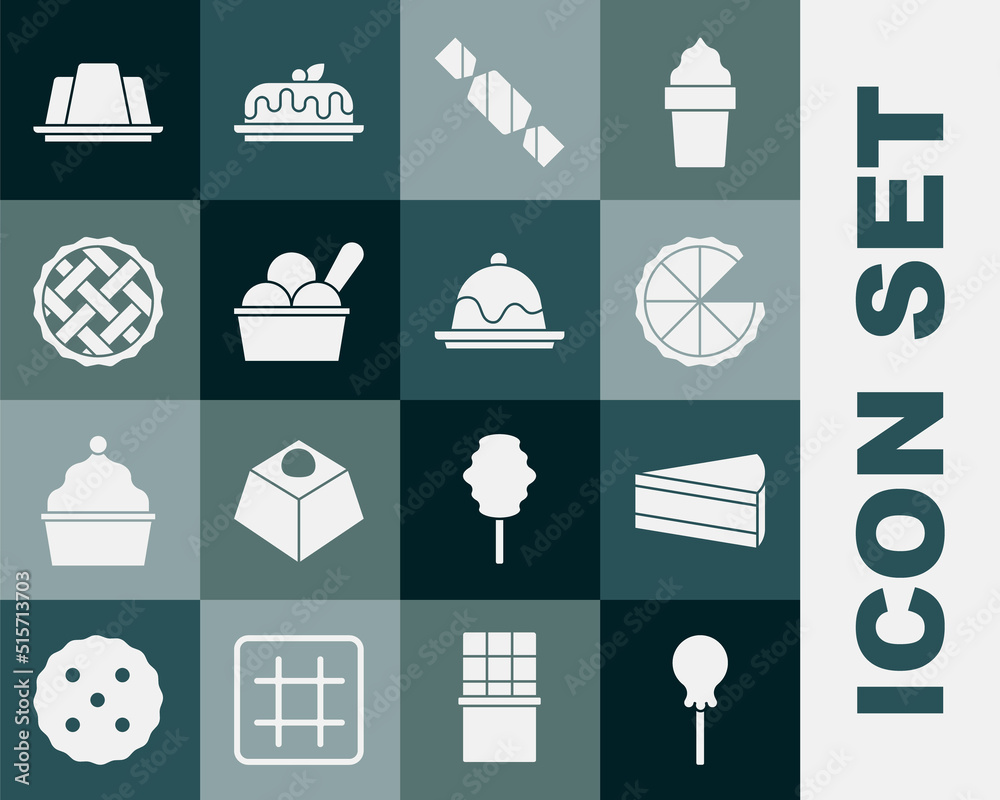 Set Lollipop, Piece of cake, Homemade pie, Candy, Ice cream in bowl, Jelly and Cake icon. Vector