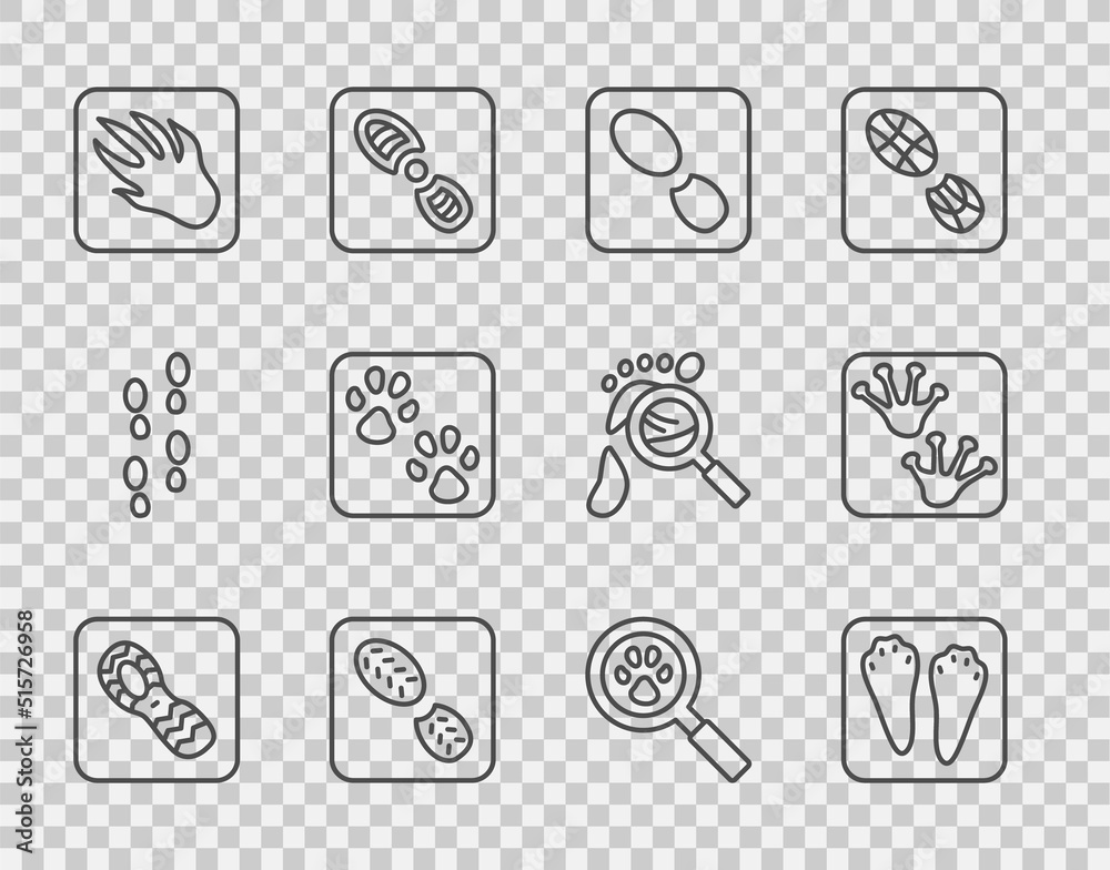 设定线人类脚印鞋、兔子和兔子爪子、鳄鱼、爪子、搜索和青蛙图标