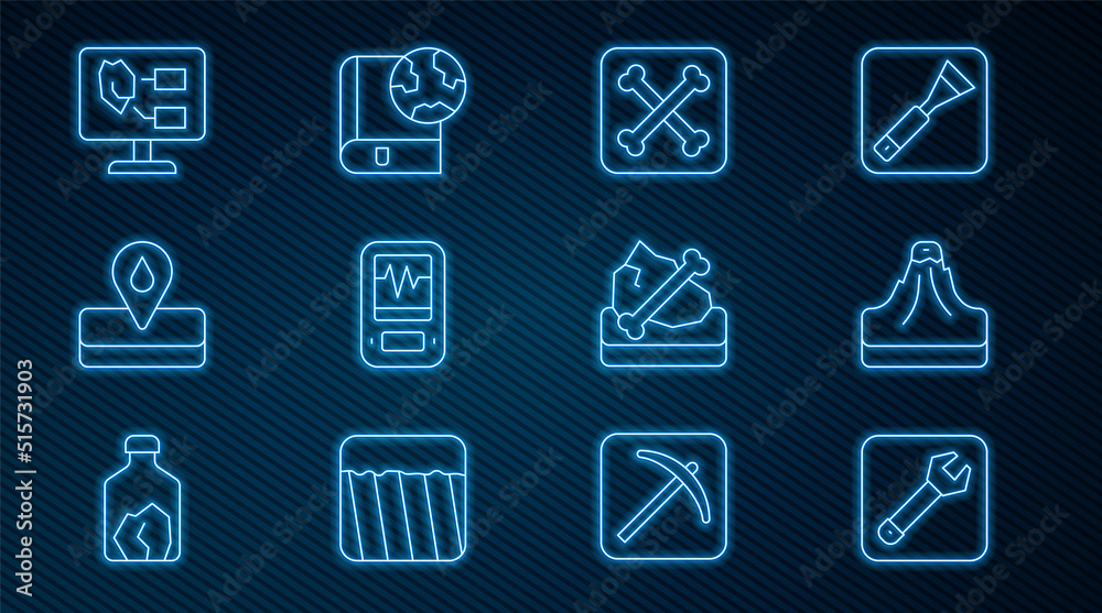 Set line Wrench spanner, Volcano, Archeology, Seismograph, Oilfield, Soil analysis, and Earth globe 