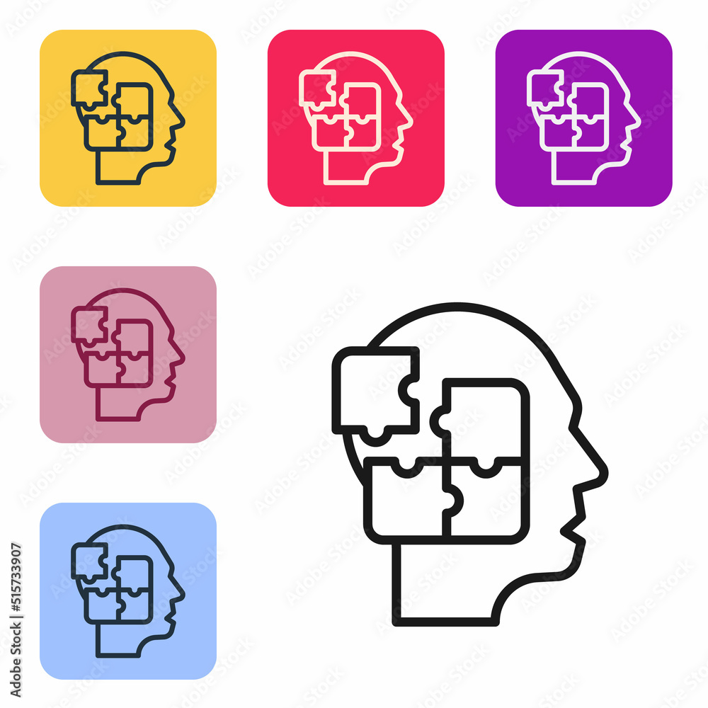 Black line Human head puzzles strategy icon isolated on white background. Thinking brain sign. Symbo