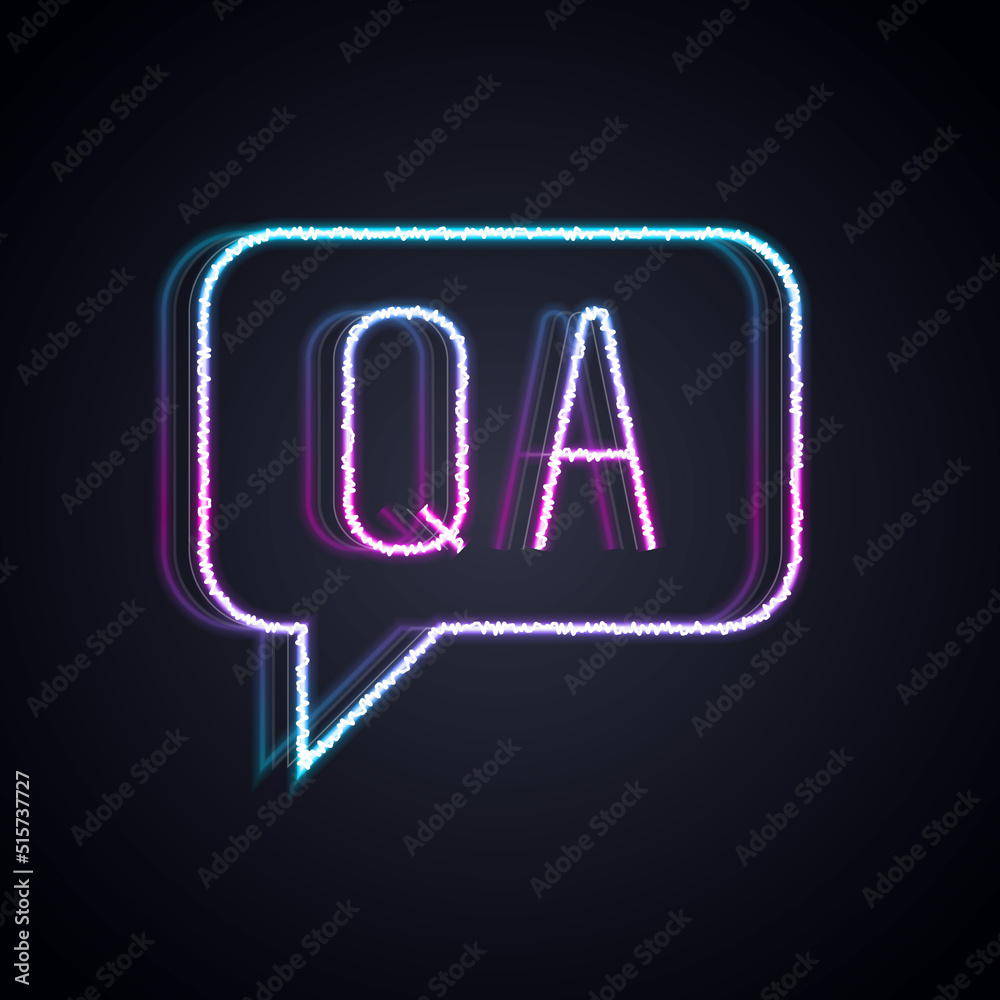 Glowing neon line Speech bubbles with Question and Answer icon isolated on black background. Q and A