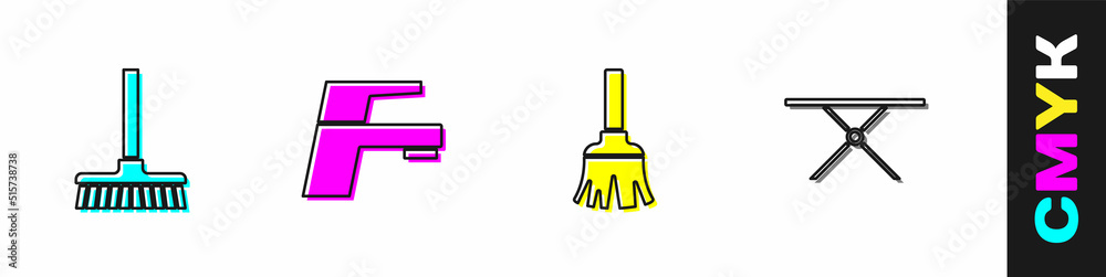 设置手柄扫帚、水龙头、羽毛和熨衣板图标。矢量