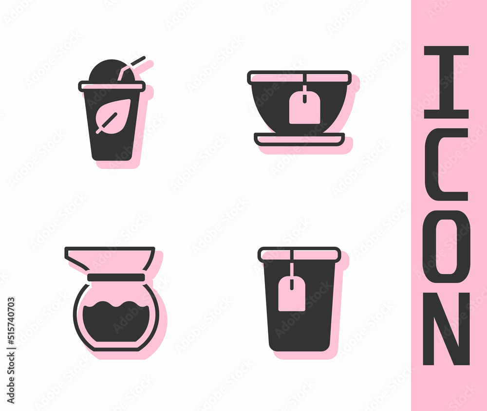 Set Cup with tea bag, of leaf, Teapot and icon. Vector