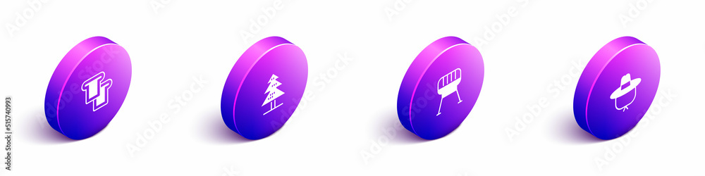 Set Isometric Bread toast, Tree, Barbecue grill and Camping hat icon. Vector