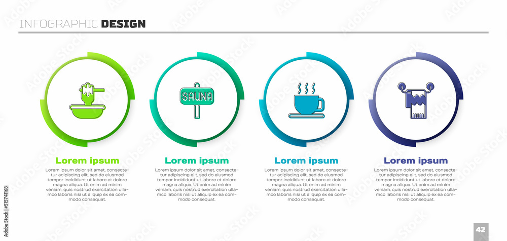 Set Honey dipper stick with bowl, Sauna, Cup of tea and Towel hanger. Business infographic template.