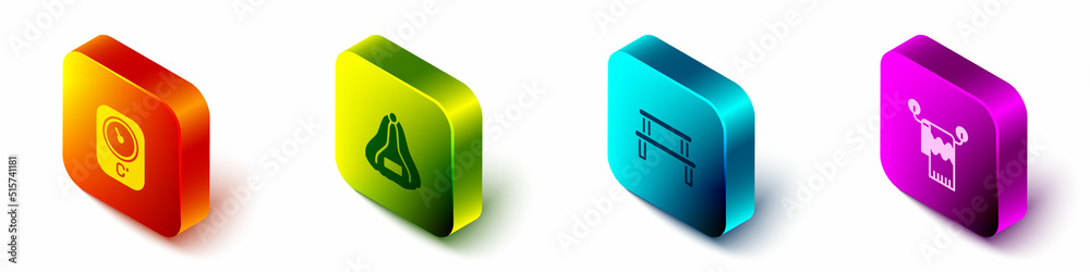 Set Isometric Sauna thermometer, hat, wood bench and Towel on hanger icon. Vector