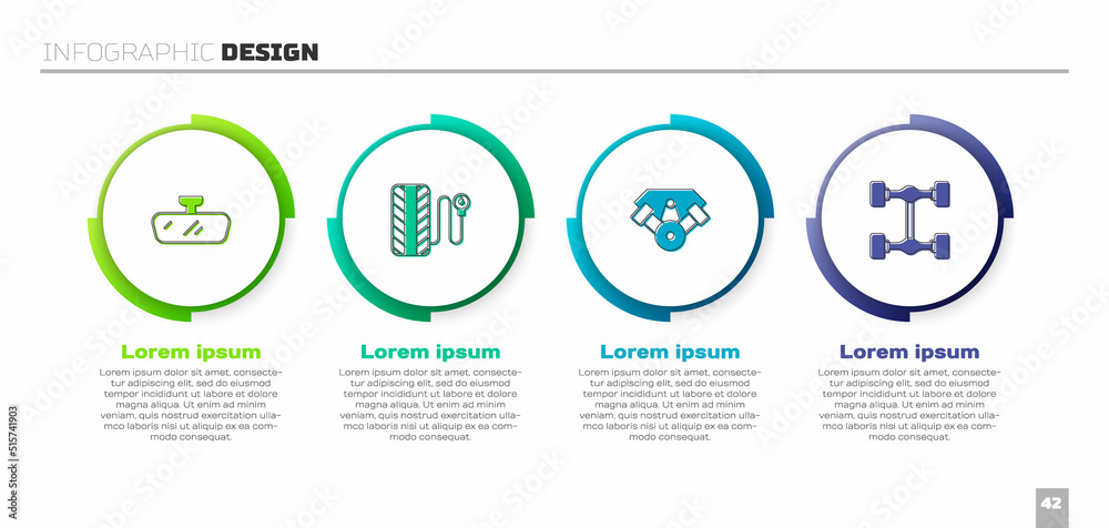 设置汽车后视镜、胎压表、电动汽车发动机和底盘。商业信息图模板。Ve