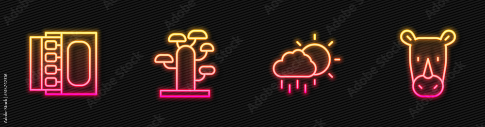 Set line Cloud with rain, Matchbox and matches, African tree and Rhinoceros. Glowing neon icon. Vect