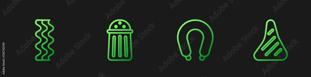 Set line Sausage, Bacon stripe, Salt and Steak meat. Gradient color icons. Vector