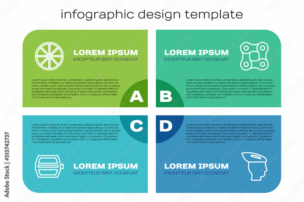设置线路自行车踏板、车轮、头盔和链条。商业信息图模板。矢量