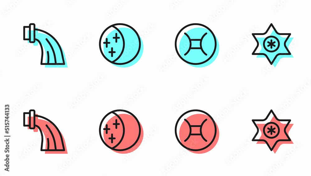 Set line Gemini zodiac, Aquarius, Eclipse of the sun and Falling star icon. Vector