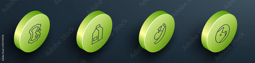 Set Isometric line No leather, Paper package for milk, Apple and banana and Pig icon. Vector