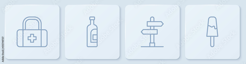 设置急救箱、道路交通标志、一瓶葡萄酒和冰淇淋。白色方形按钮。矢量