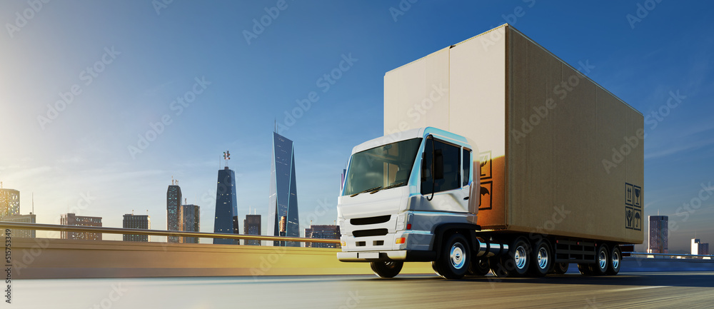 Cargo Truck with big cardboard box package on the road