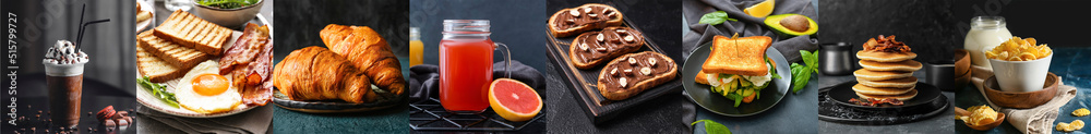 Set of tasty breakfasts on dark background