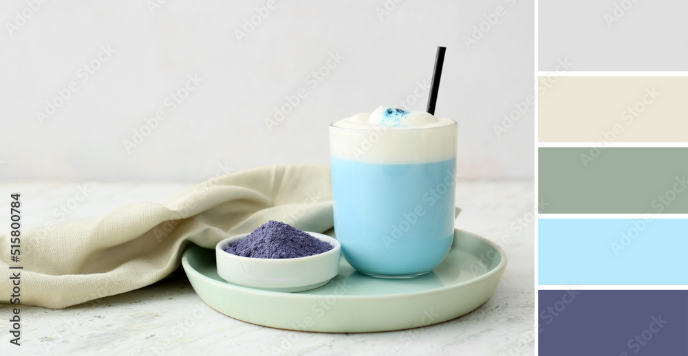 Glass of blue matcha tea and powder on light background. Different color patterns