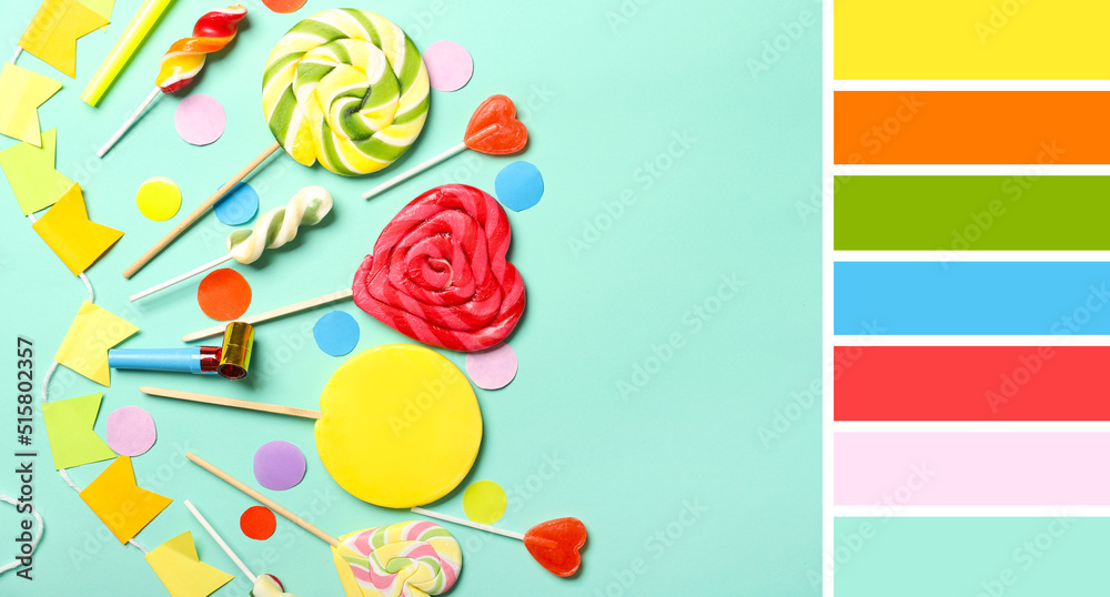 Composition with lollipops and party decor on turquoise background. Different color patterns