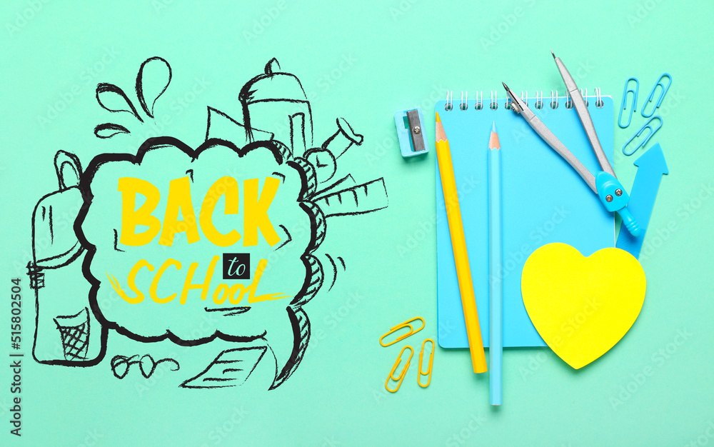 Different stationery and text BACK TO SCHOOL on color background