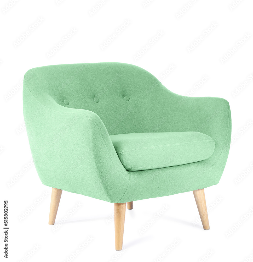 Modern green armchair on white background