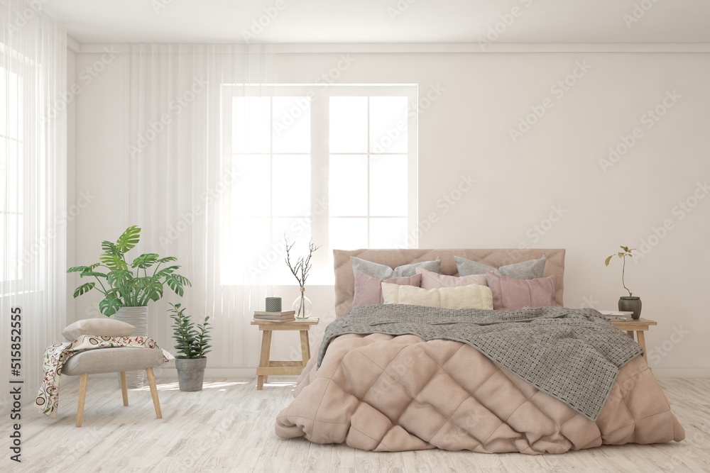 White bedroom interior. Scandinavian design. 3D illustration