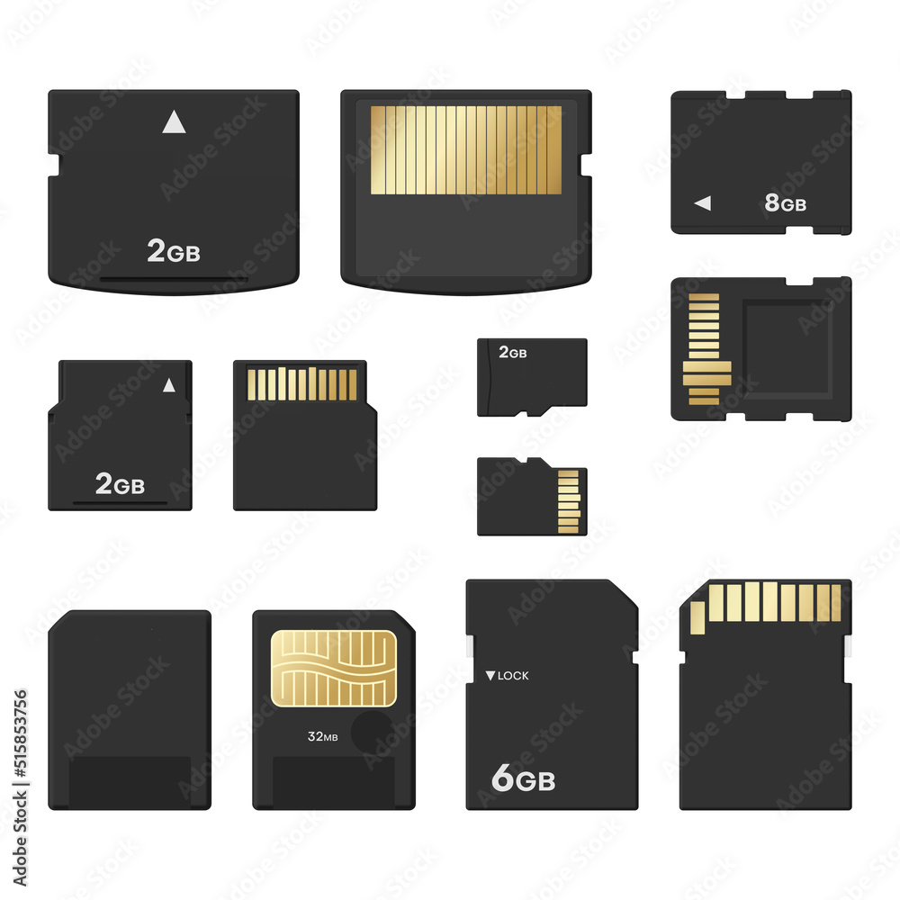 Black modern digital memory cards set realistic vector illustration. Micro SD electronic flash drive